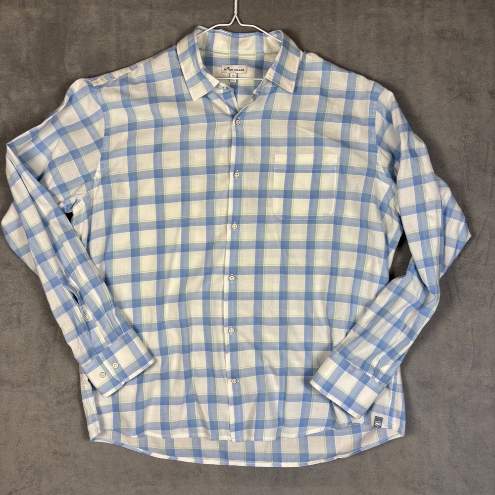 Peter Millar Mens XL Blue White Plaid Long Sleeve 100% Cotton Button Down Shirt